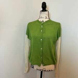 SI-IAE 100% Cashmere Cardigan Green Button-Down Open Back Top Short Sleeve Small